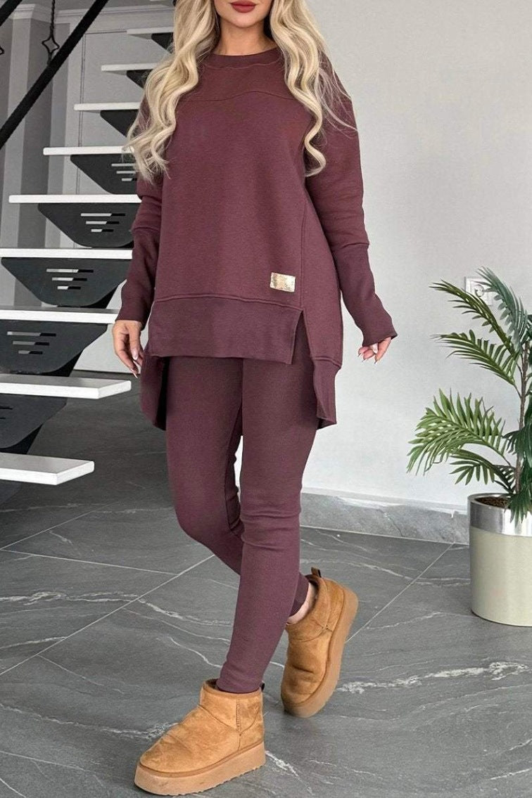 Women's Slit Long Sleeve Top And Trousers Suit