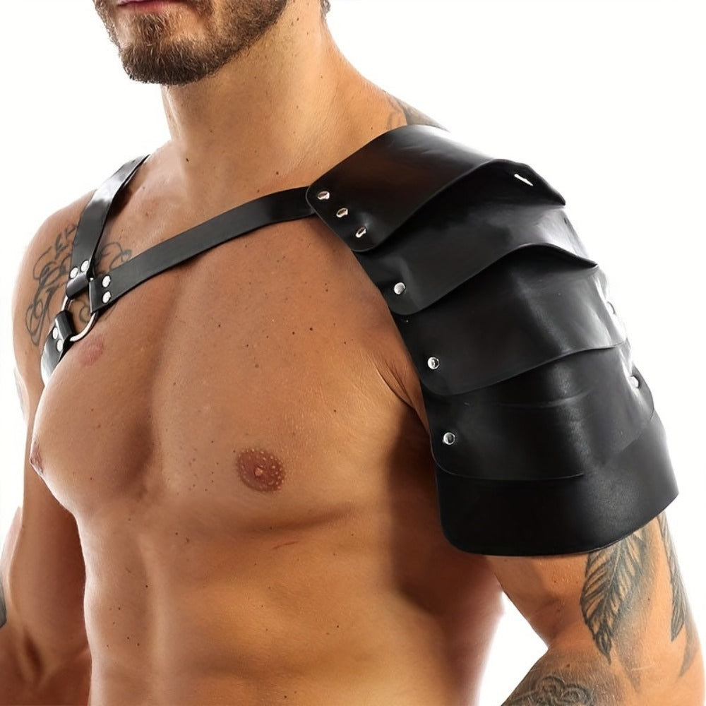 PU Leather Shoulder Armor Warrior Costume Prop with Belt for Men, Single Pauldron Medieval Knight Armor Dress Up Accessory fo