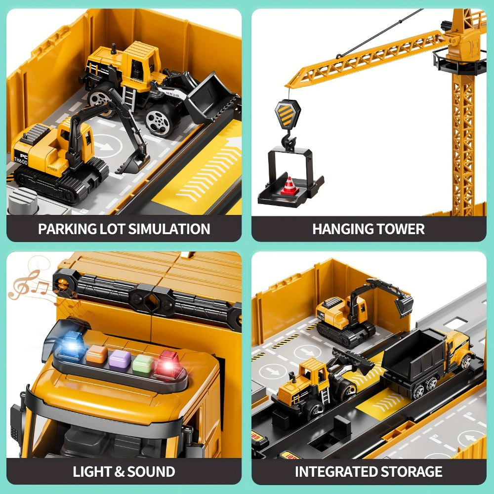 Construction Vehicle Container Truck Toy Set with Crane & Foldable Double Race Track, 4 Alloy Trucks — image 3