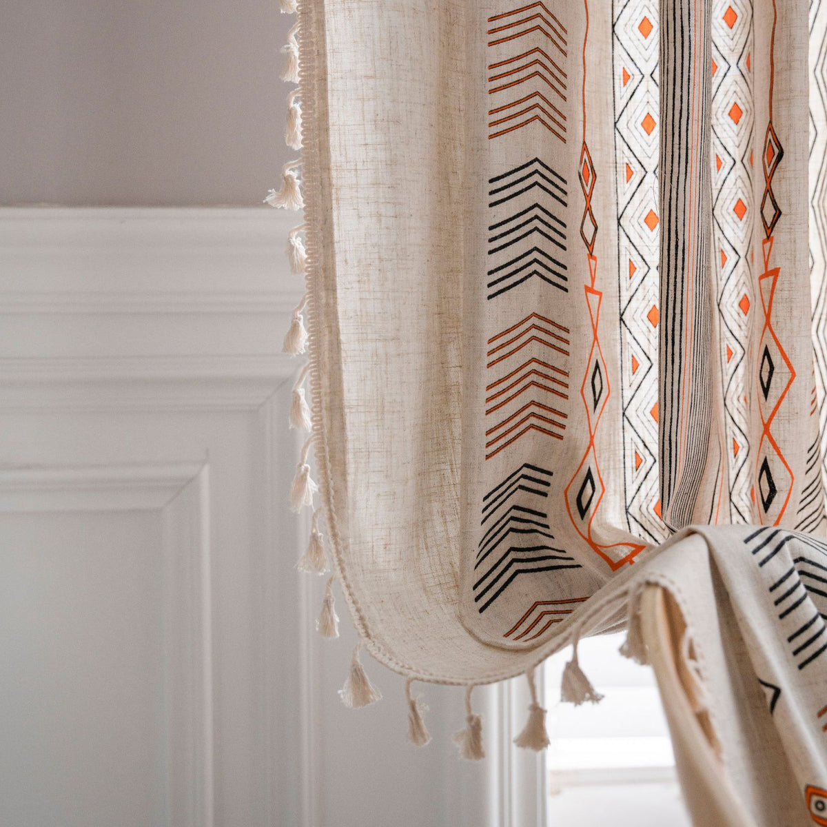 Boho Cream Cotton And Linen Print Sun Shade Non-punched Curtain Fabric
