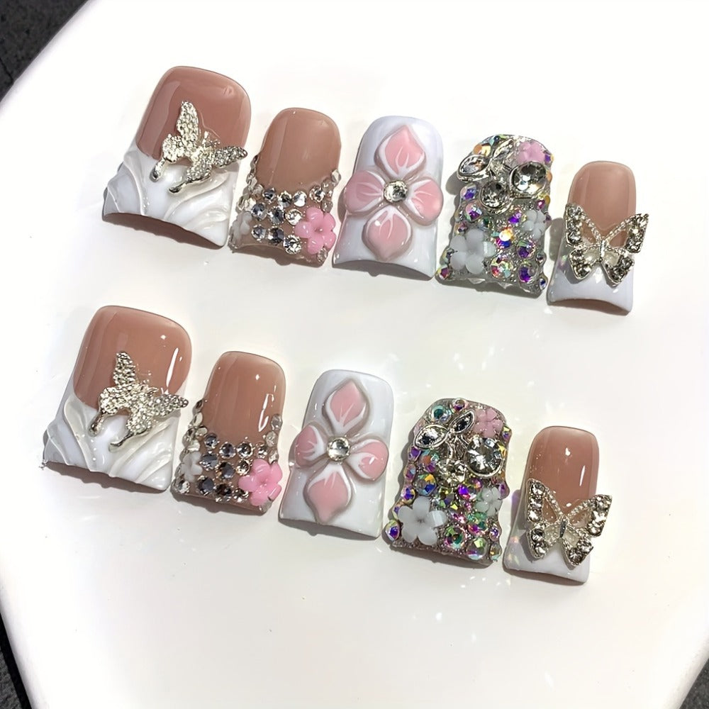 Press On Nails 10-Piece Short Duckbill Set with White French Tips, Golden Butterfly and 3D Carved Flower — image 6
