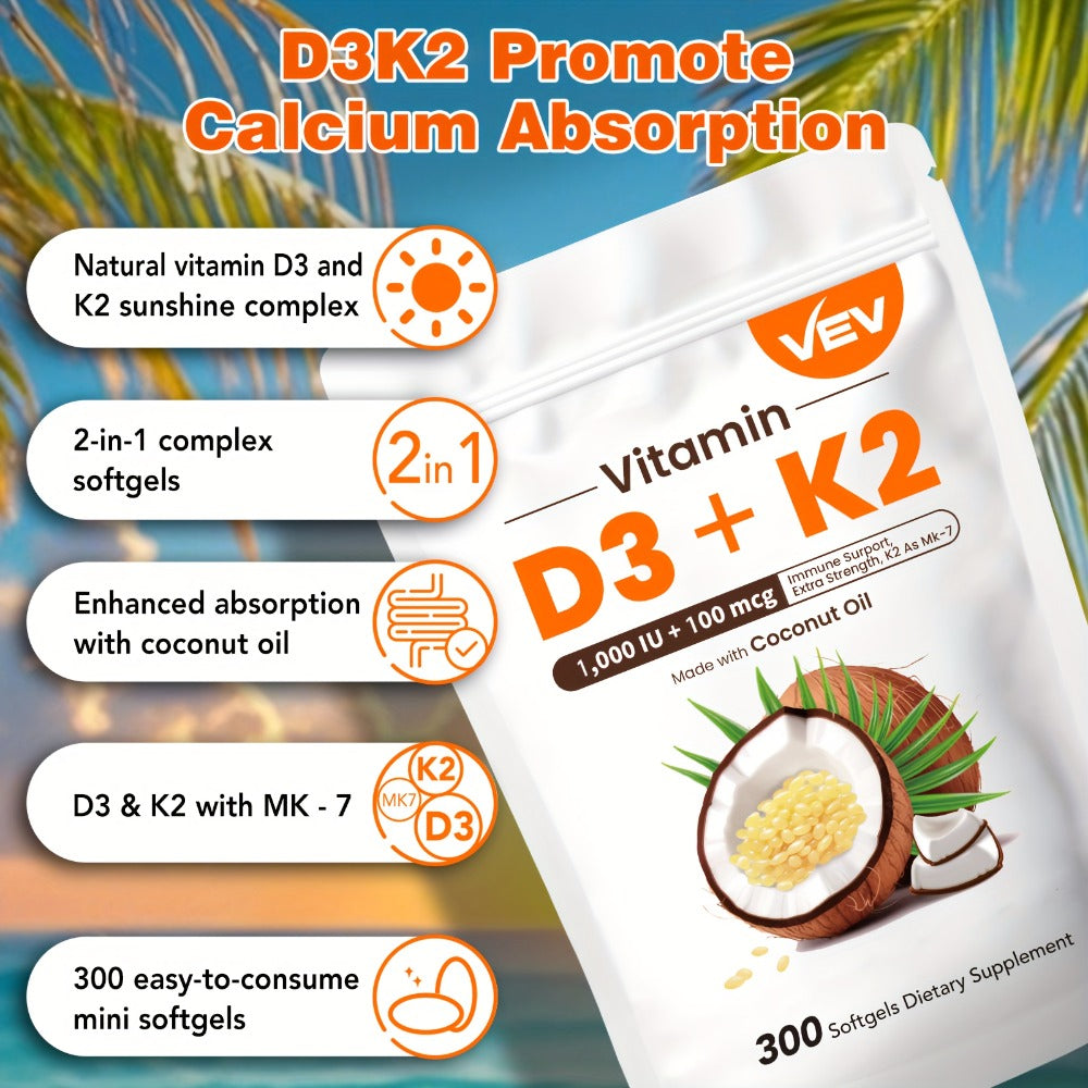 Bone Health Supplement Vitamin D3 1000 IU K2 MK-7 100mcg, 300 Softgels with Coconut Oil for Calcium Absorption — image 3