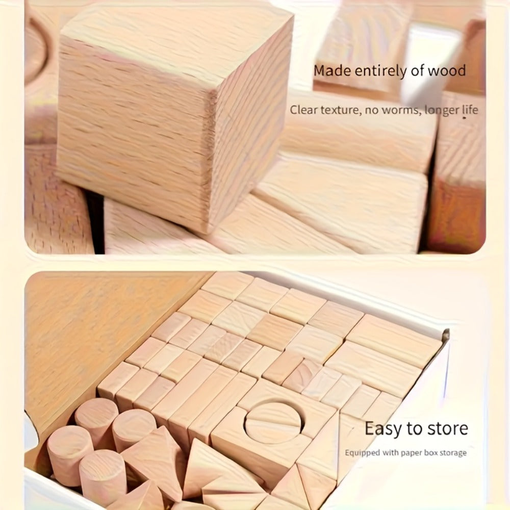 Natural Beech Wood Blocks 100 Piece Unpainted Solid Wooden Building Set, STEM Logical Thinking Toy for Kids Ages 3-12 — image