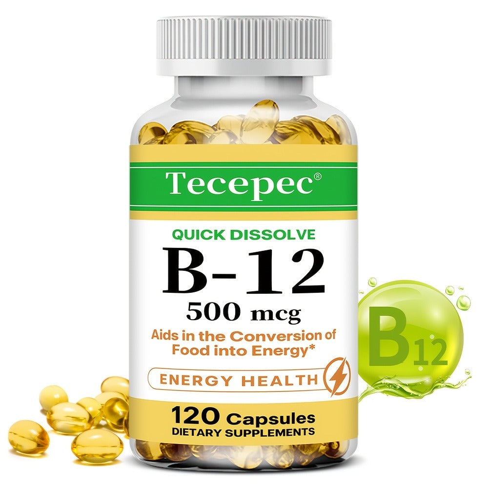 Vitamin B12 500mcg Capsules 120 Count for Women Men for Bath Time, Home Spa and Personal Care — image 1