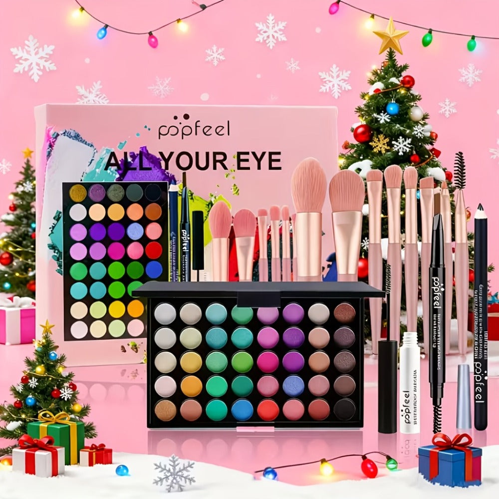 Makeup Gift Set POPFEEL 29-Color Eyeshadow Palette + Mascara + Eyeliner + Brow Pencil + Highlighter Powder + 7-Piece Brush Se