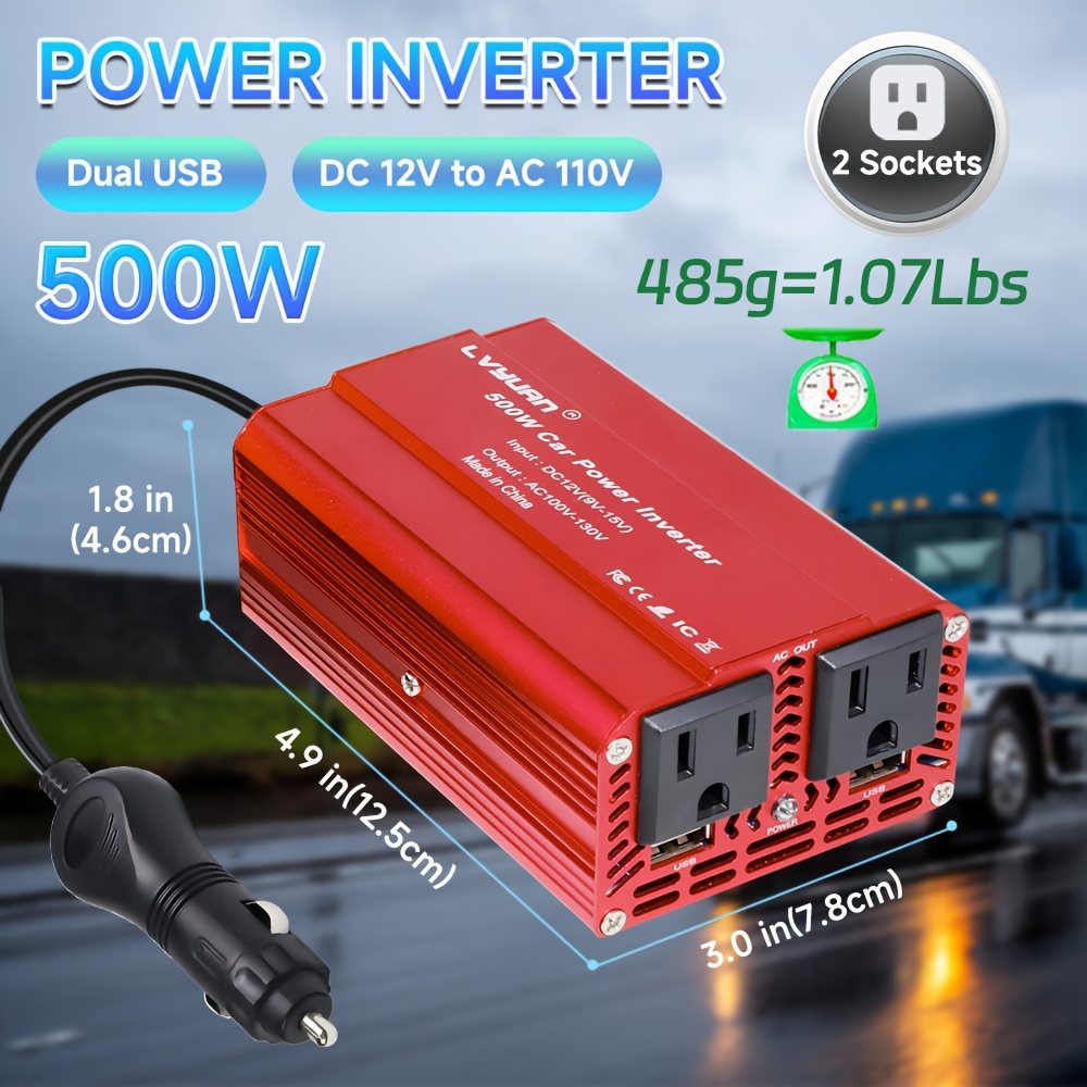 Black or Red 12V DC to 110V AC Power Inverter with 500W or 2500W Model Options, Display and USB Port — image 9