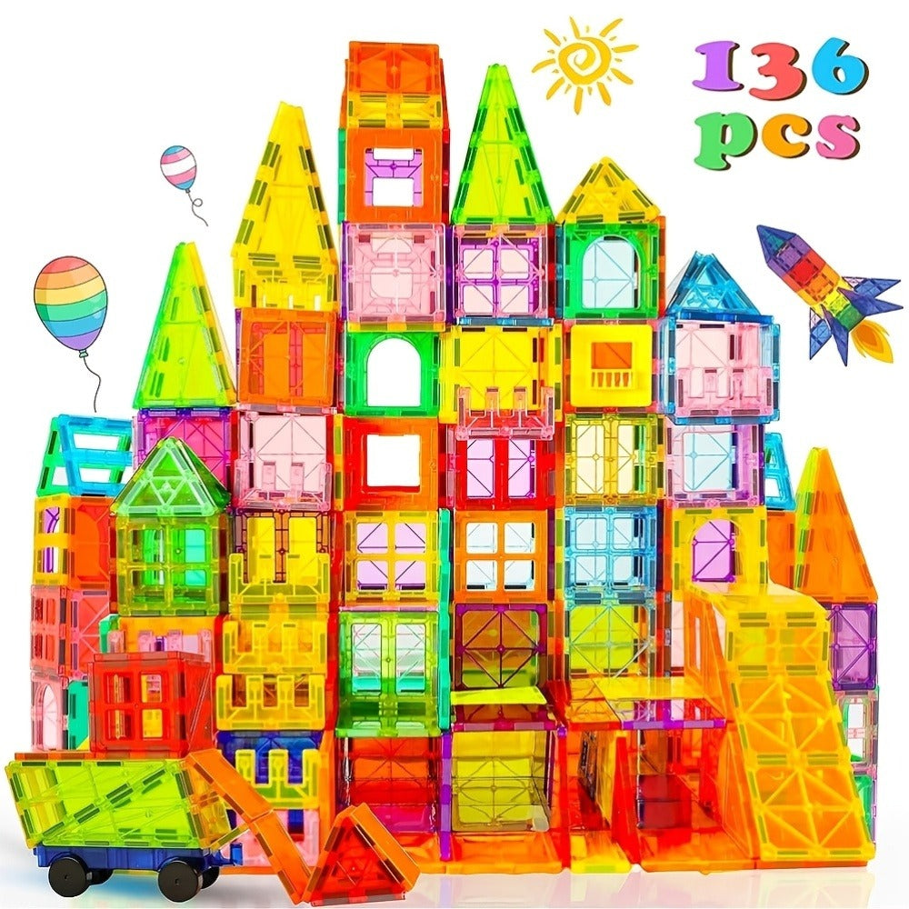 Magnetic Tiles Building Set for Kids 3 4 5 6 7 8 – 80 106 136 205pcs Clear 3D Magnet Building Blocks STEM Educational Toy Chi