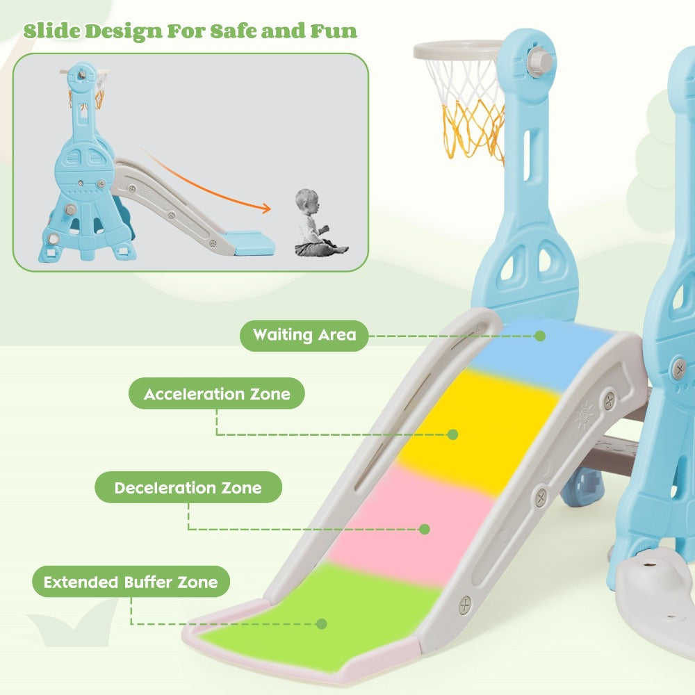 4-in-1 Toddler Slide and Swing Set with Climber Basketball Hoop Outdoor Indoor Backyard Playground Playset for Kids Ages 1-6 