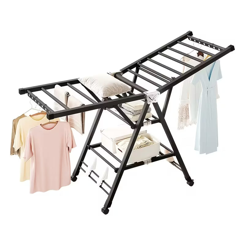 Foldable 3-Tier Clothes Drying Rack with Wheels and Shoe Rack