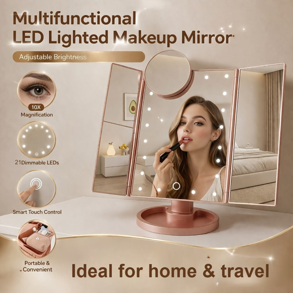 Vanity Mirror with Lights Tri-Fold 21 LED Lighted Makeup Mirror Touch Control 1X 2X 3X 10X Magnification 360 Rotation Dual Po