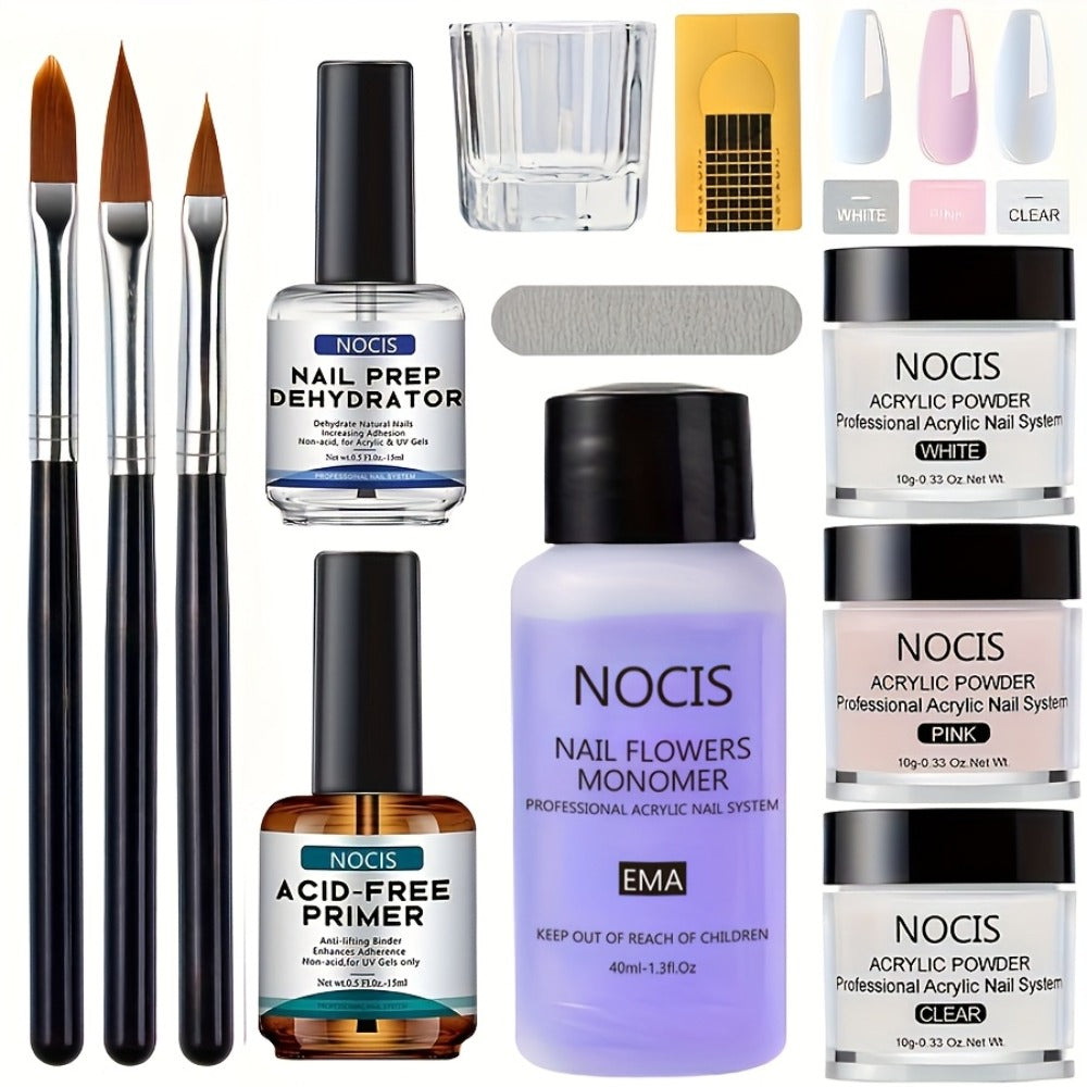 Acrylic Nail Kit NOCIS Clear, Pink and White Powders with Q Monomer, Primer, Brush Cleaner and Four Brushes — image 10