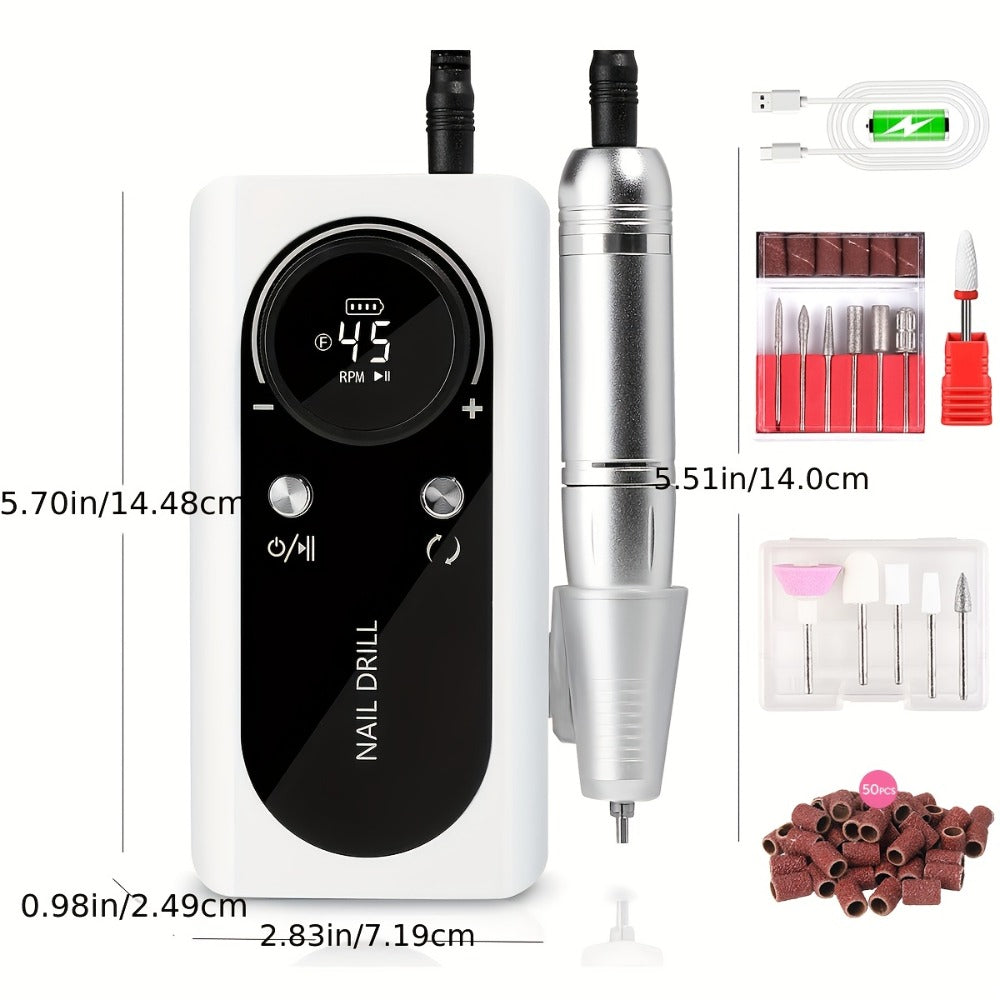 Low Noise Nail Drill Machine 45000RPM Rechargeable with LCD Display – Quiet Electric E-File for Gel Polish Acrylic Natural Na