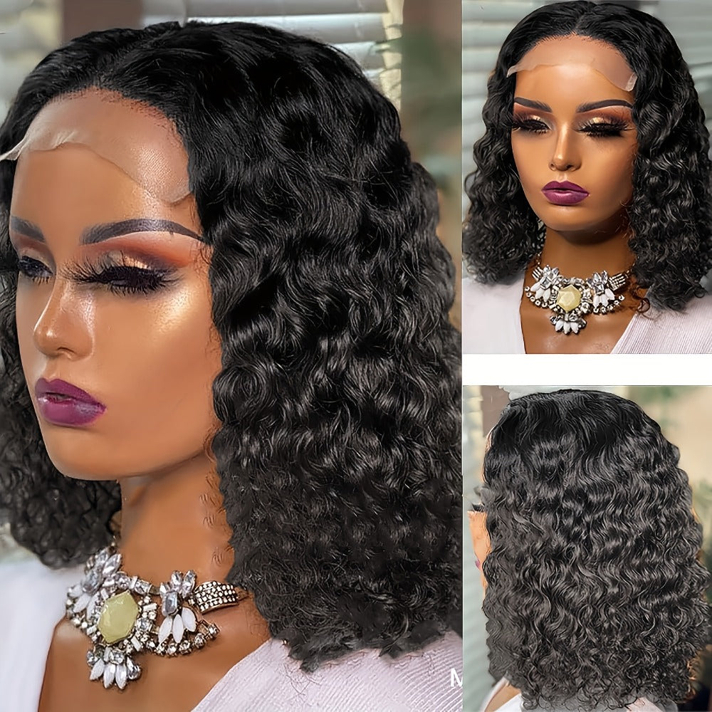 Short Water-Wave Synthetic Lace-Front Bob Wig with Deep Curls, Black Color and 14-Inch Length — image 2