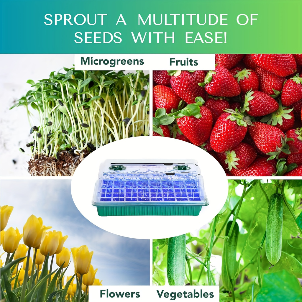 Seed Starting Tray Kit 4-Set 160 Cells High Dome | 8 LED Grow Lights Smart Timer 3 Modes 5 Brightness | Indoor Greenhouse Ger
