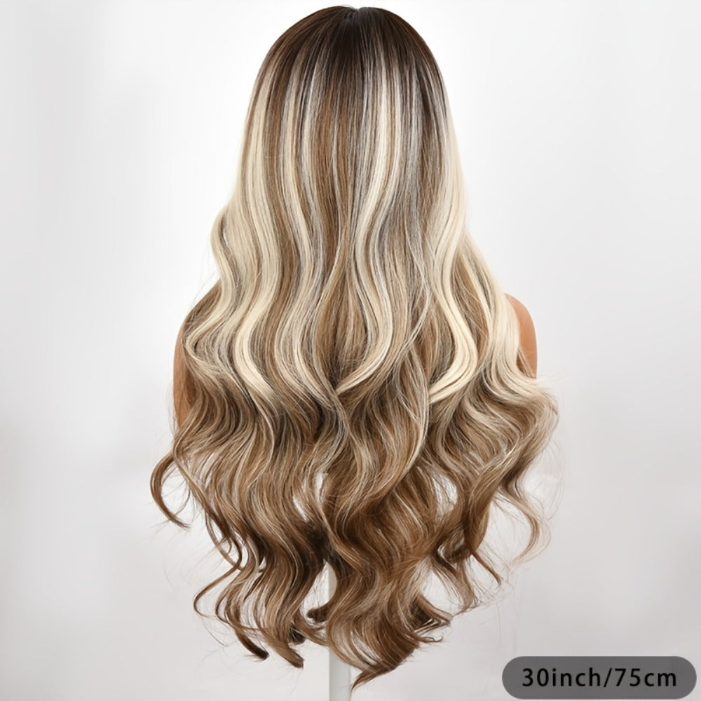 Synthetic Wig 30-Inch Water-Wave Curls with Brown Highlights, Middle Part and Rose Net Cap — image 4