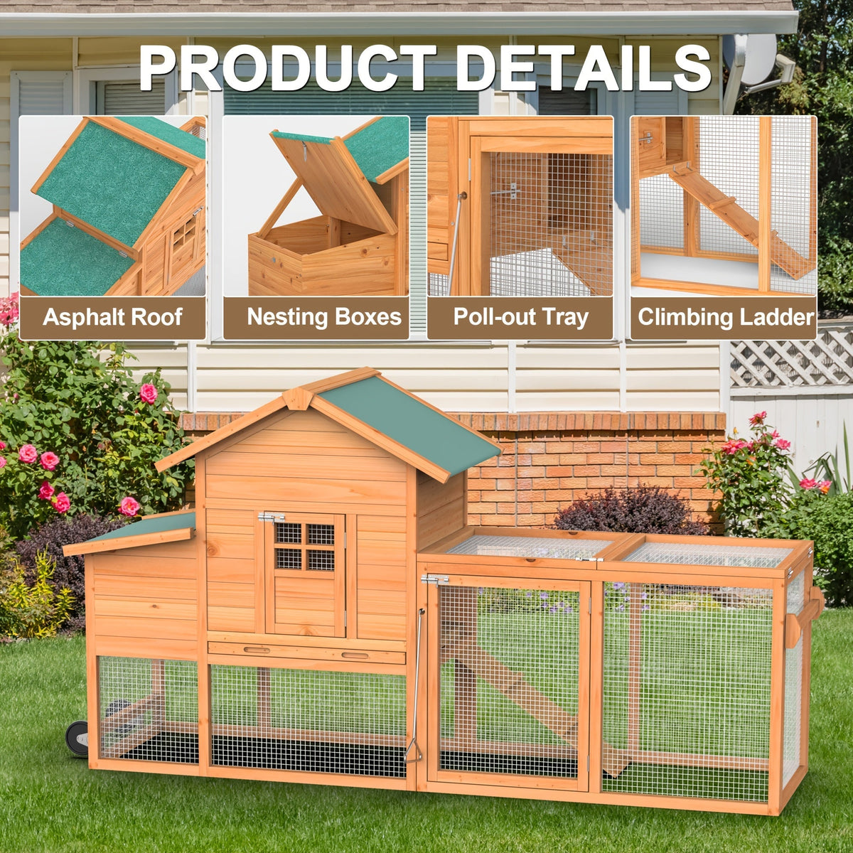 Portable Wooden Chicken Coop with Wheels, Nest Box and Wood Roof or Sunshine Board Run Option — image 3