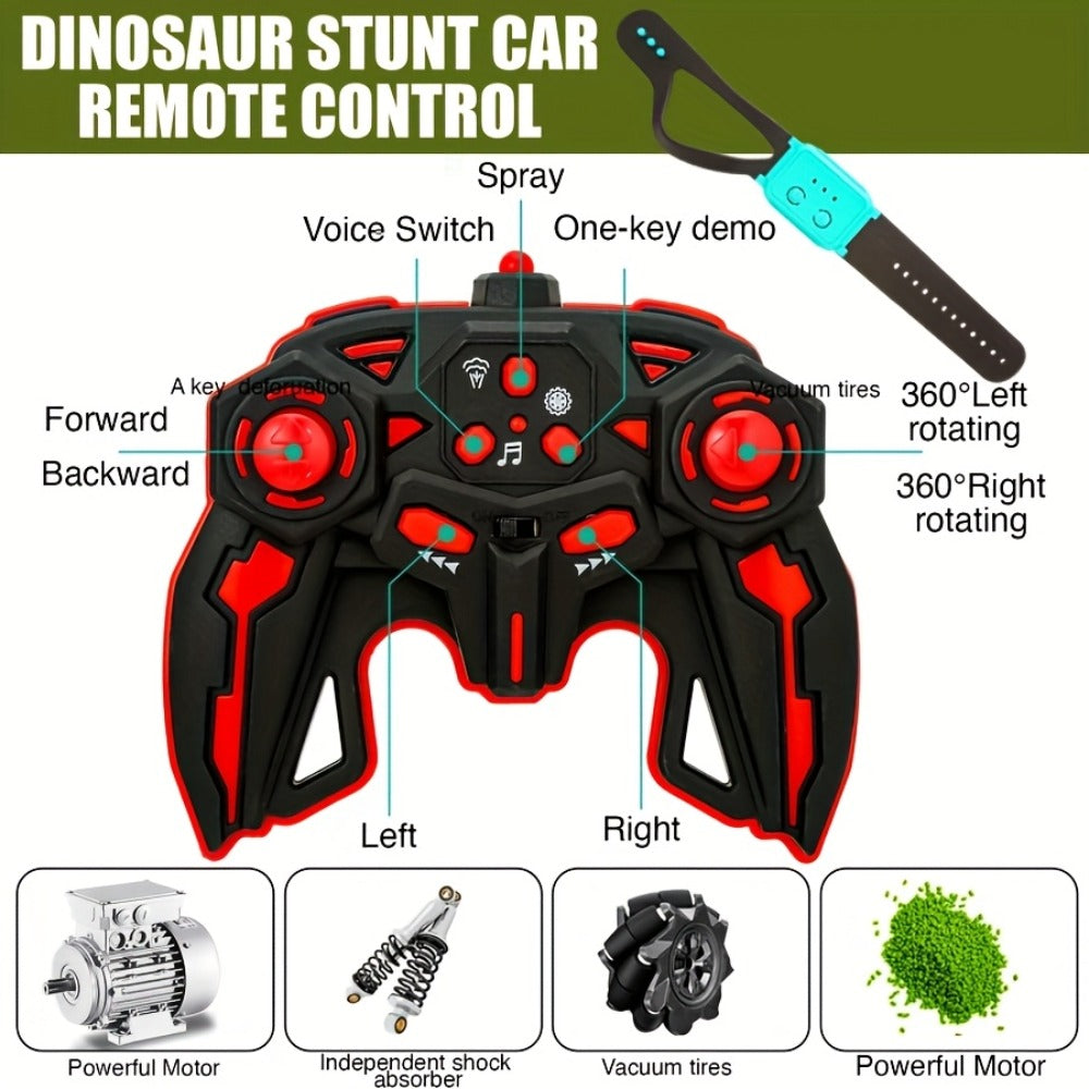 RC Monster Truck Dinosaur 2.4GHz 4WD Off-Road Remote Control Car with LED Lights Music Large Tires All-Terrain Stunt Vehicle 