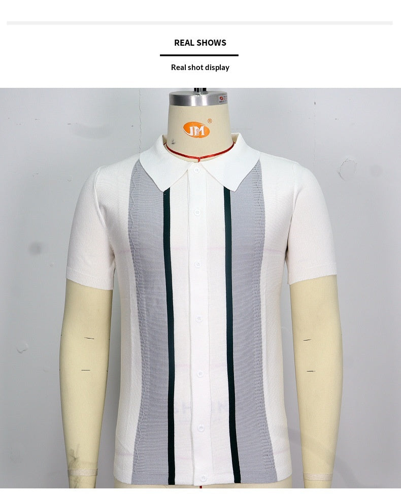 Summer New Men's Knitted Lapel Casual Striped Polo Shirt