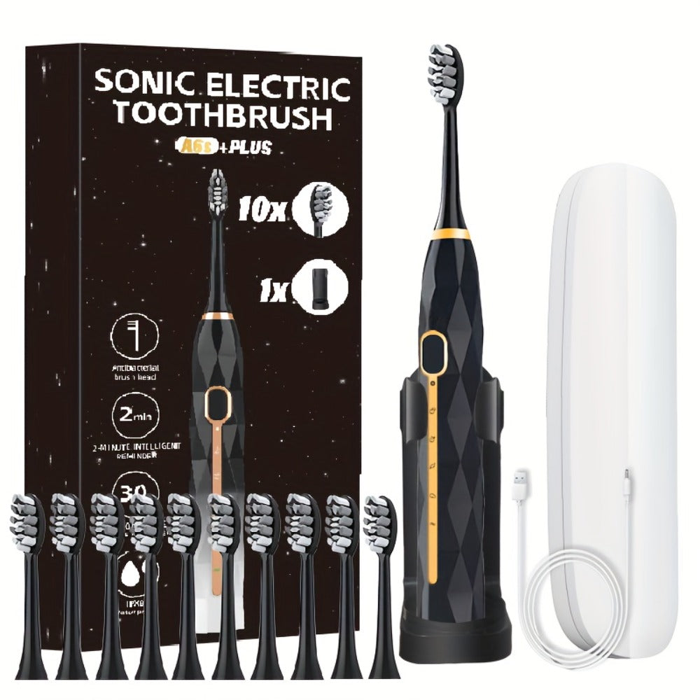 IPX8 Sonic Electric Toothbrush with 8 Replacement Brush Heads – Metal Shaft, USB Rechargeable 500mAh, Travel Case & Holder — 
