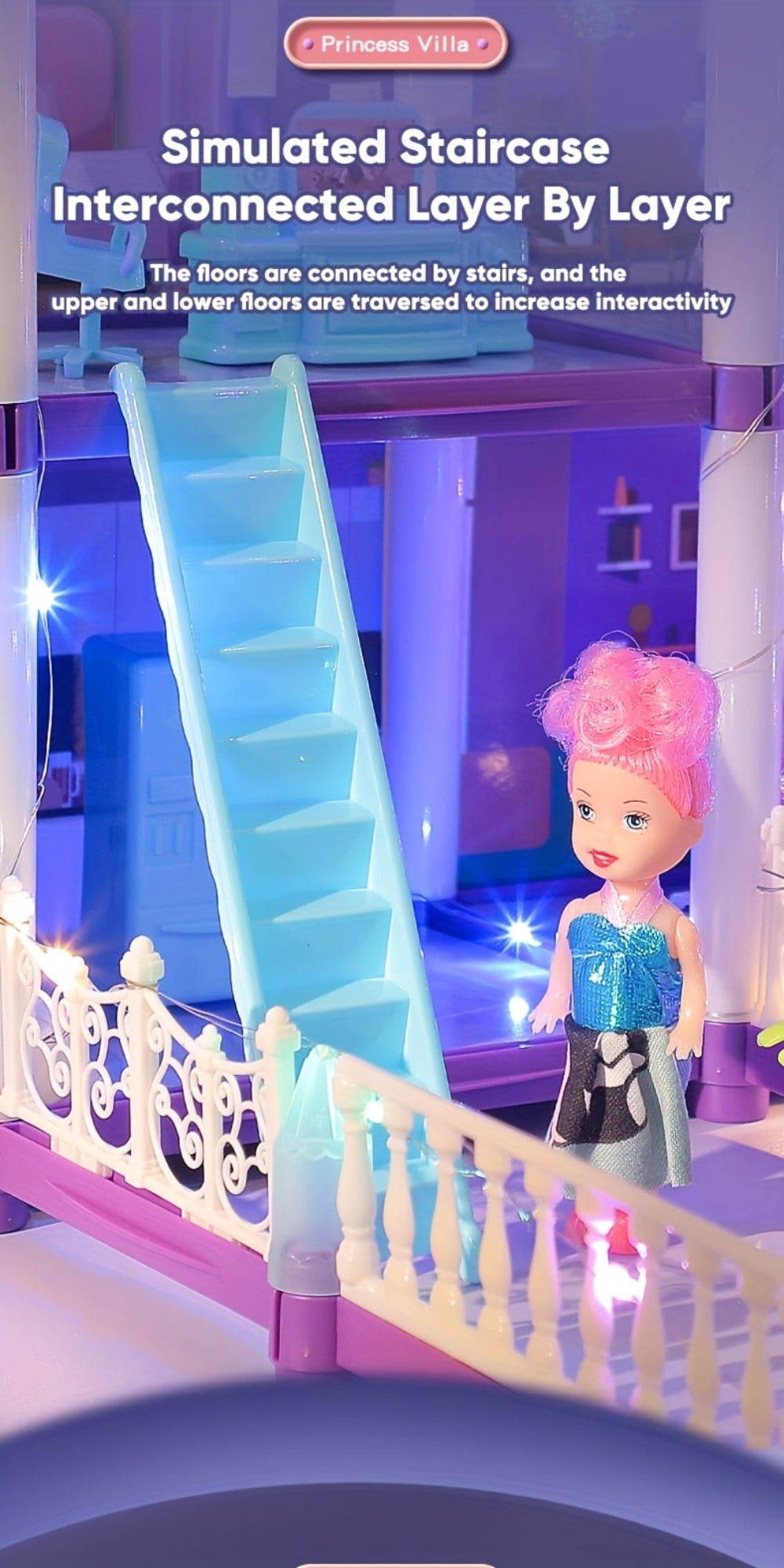 LED Dollhouse Playset for Girls, Purple Multi-Room Playhouse with Doll Figures, Puppies, Furniture & LED Lighting — image 22