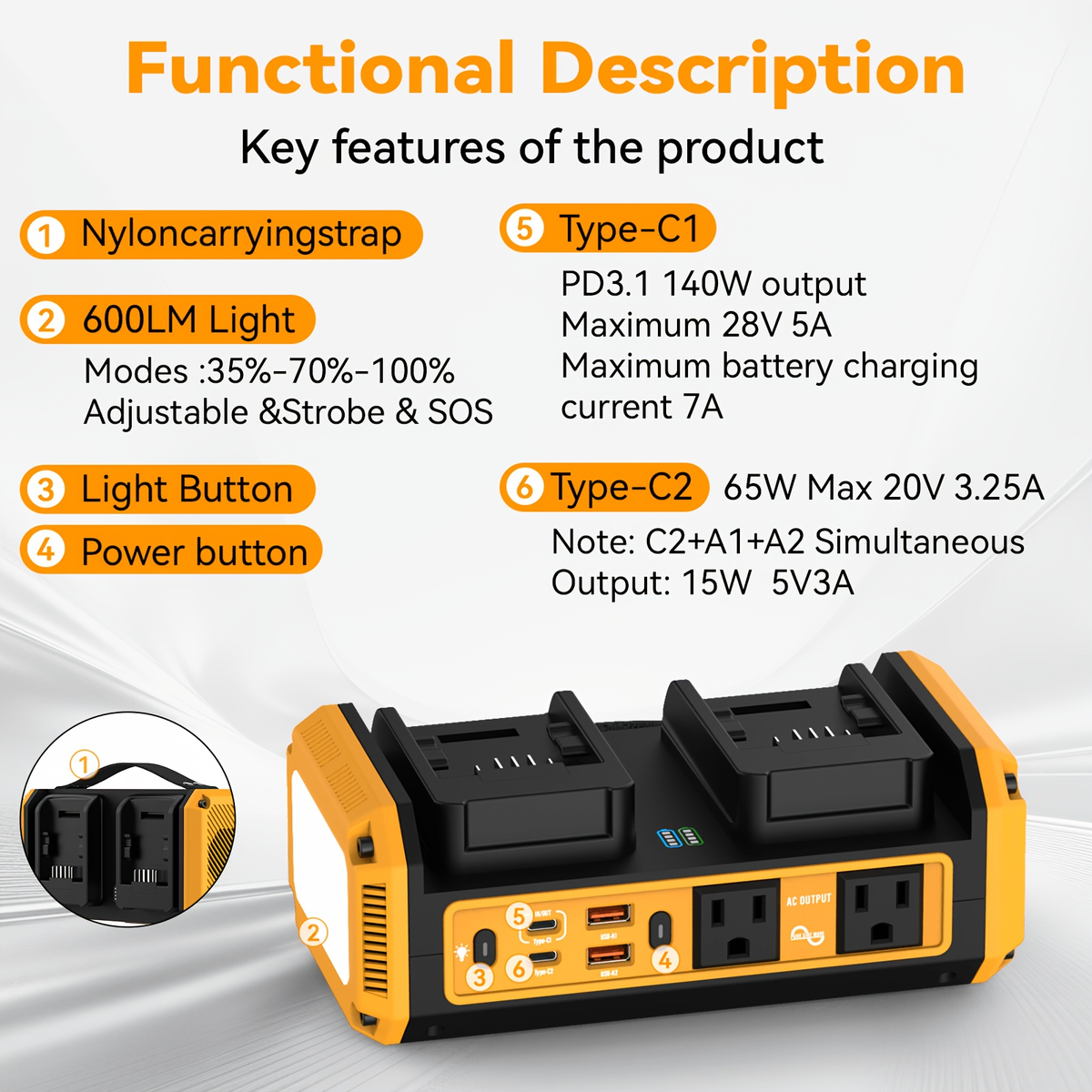 HASEED 350W Pure Sine Wave Power Inverter For DeWalt 20V Battery, 120V AC, 140W PD Fast Charging — image 6