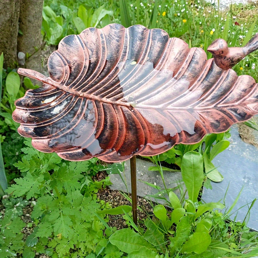 20-Inch Copper-Look Leaf Bird Bath with Bird Accent and Two-Prong Garden Stake for Yard and Lawn — image 3
