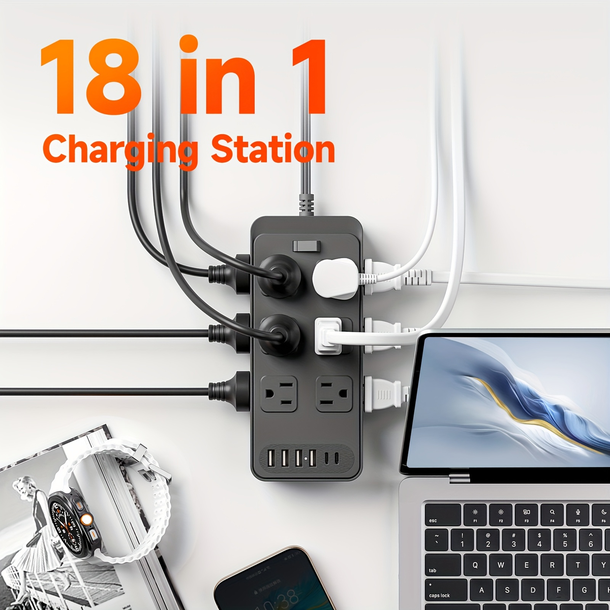Charging Station 18-in-1 Power Strip Surge Protector 12 AC Outlets 6 USB Ports 4 USB-A 2 USB-C for an Everyday Personal Care 
