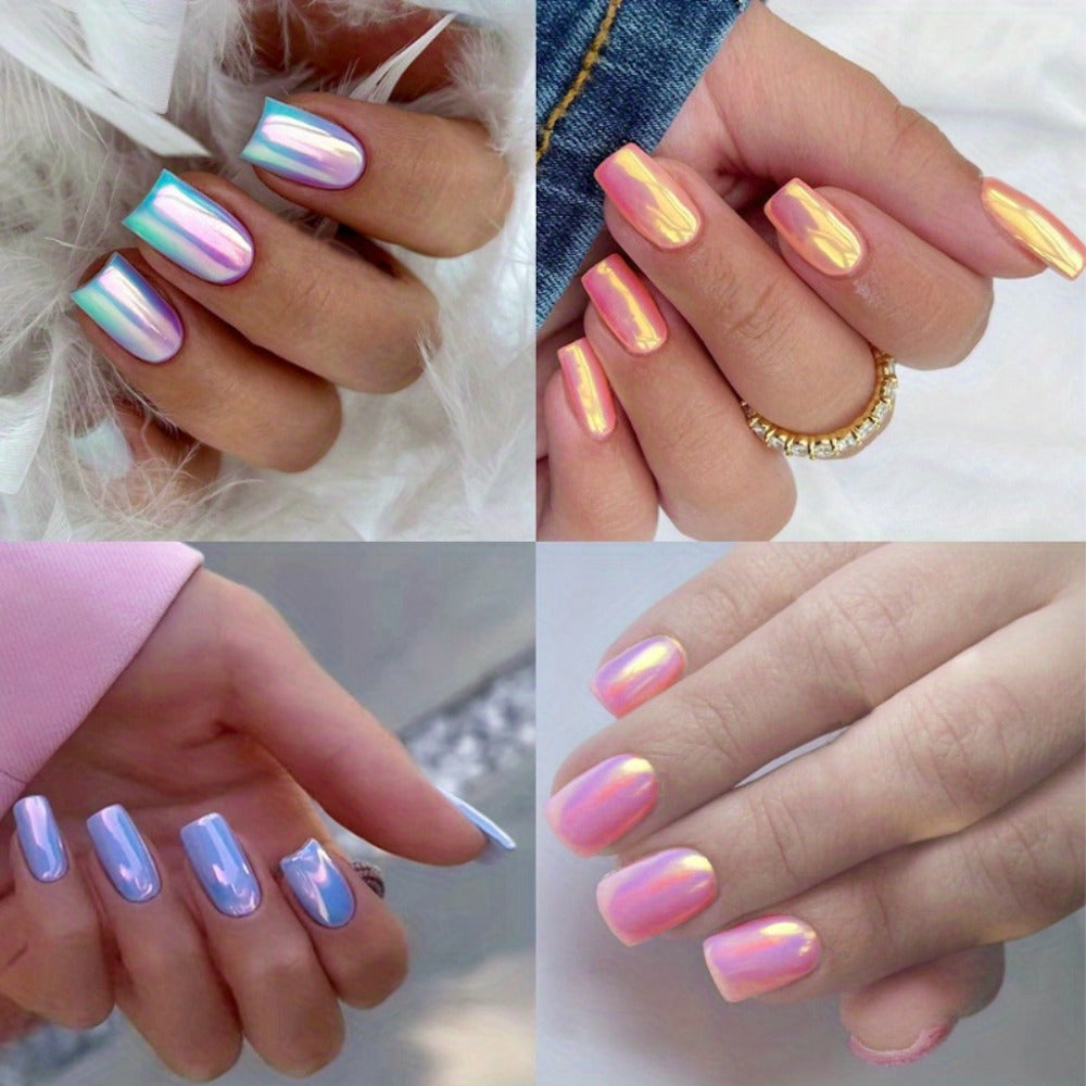 Press On Nails 96-Piece Short Square Set with Pink Chrome Mirror Metallic Full-Cover Finish — image 9