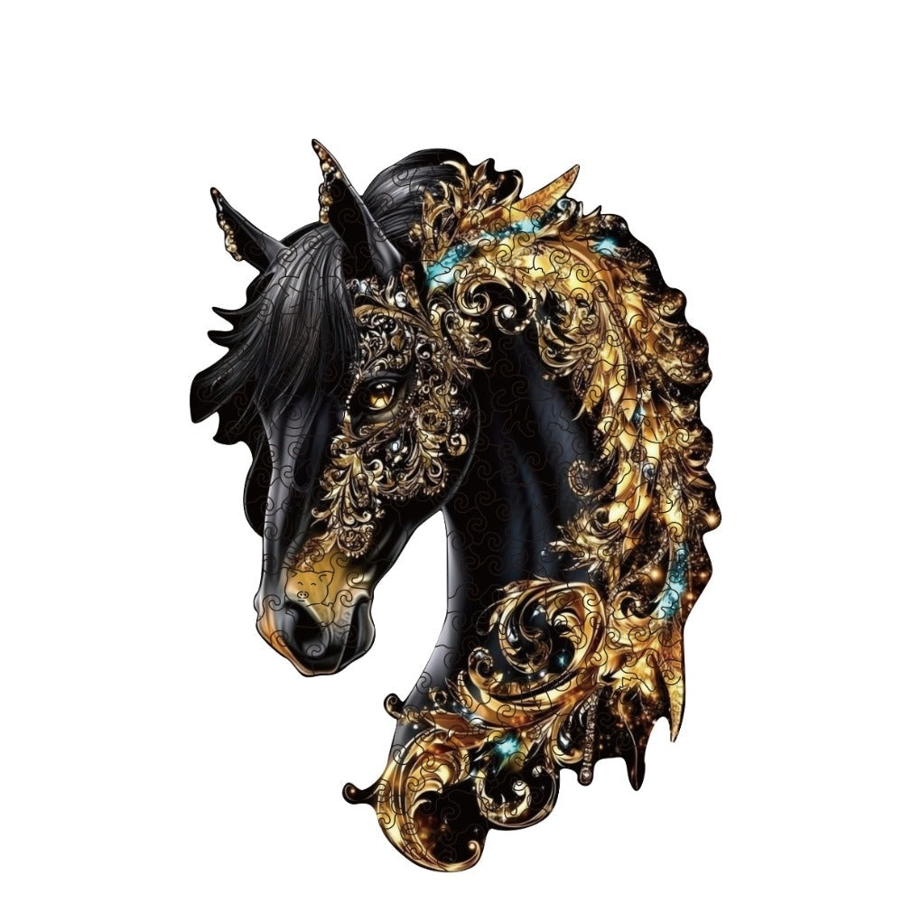 Ornate Horse Silhouette Wooden Jigsaw Puzzle with Gold-Tone Scrollwork in Three Size Options for Display — image 10