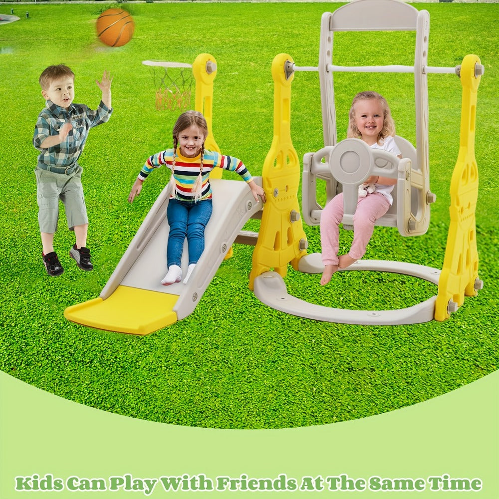 4-in-1 Toddler Slide and Swing Set with Climber Basketball Hoop Outdoor Indoor Backyard Playground Playset for Kids Ages 1-6 