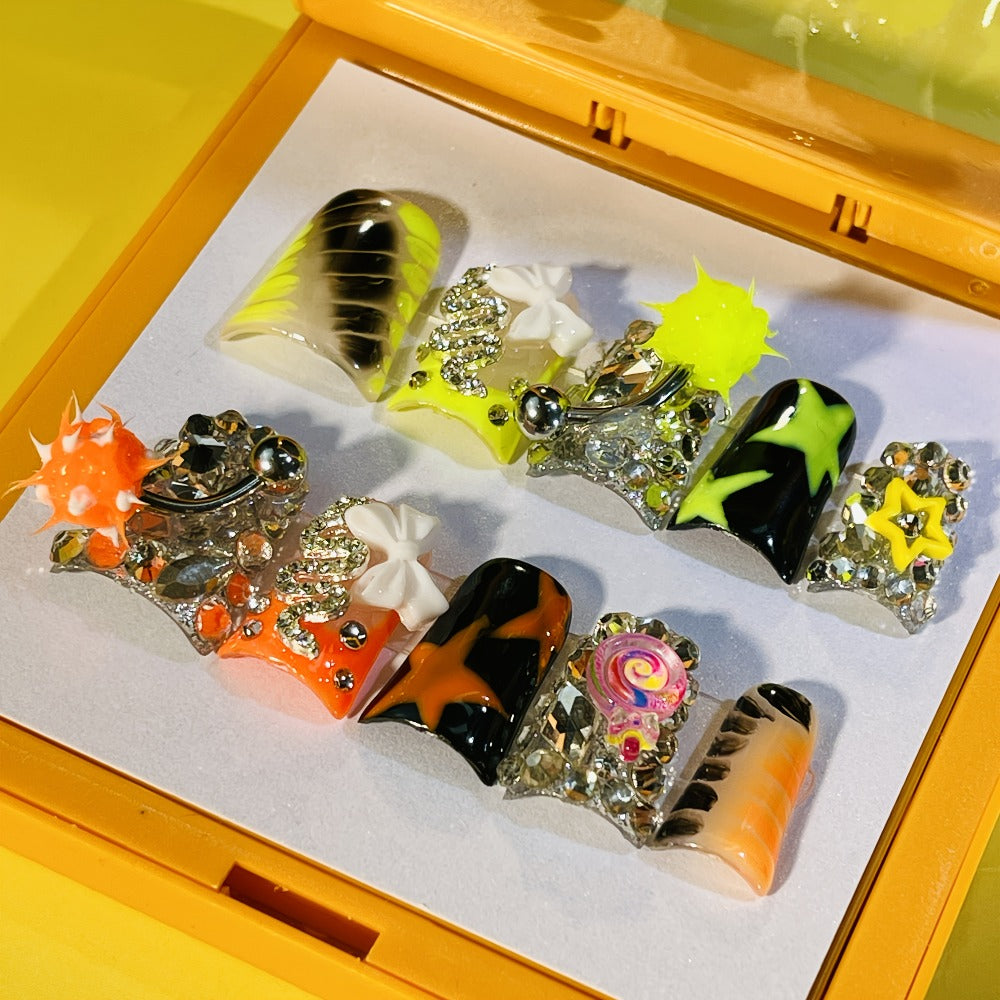 Press On Nails Handmade Y2K Duckbill Set with 3D Eye Barbell Star Rhinestone Charms and S M L Sizes — image 3