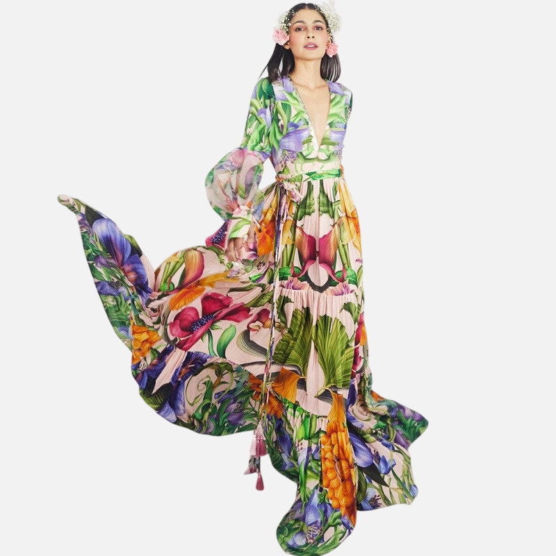 V-neck one-piece swimsuit for women bubble long sleeved sunscreen printed swimsuit