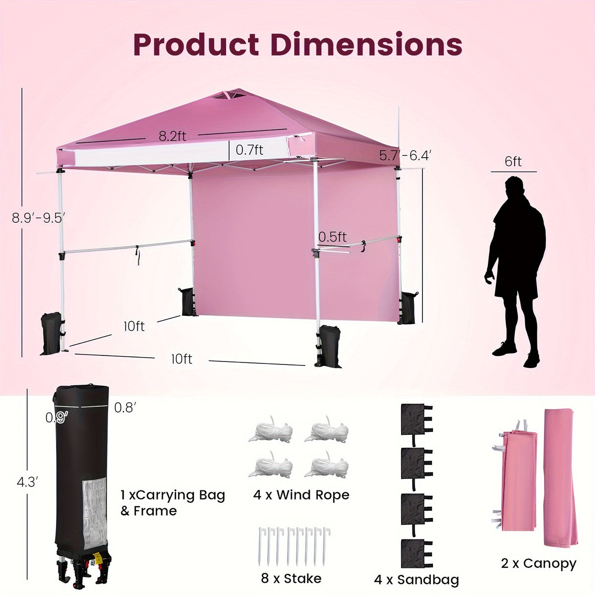 Pink 10x10ft Commercial Pop-Up Canopy Tent with Sidewall, Hanging Bars, Crossbars and Banner Strip — image 2