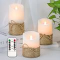 Flameless LED Pillar Candles Set of 3 Battery Operated with Remote Timer Flickering Jute Rope Home Bedroom Ocean Theme Decor 