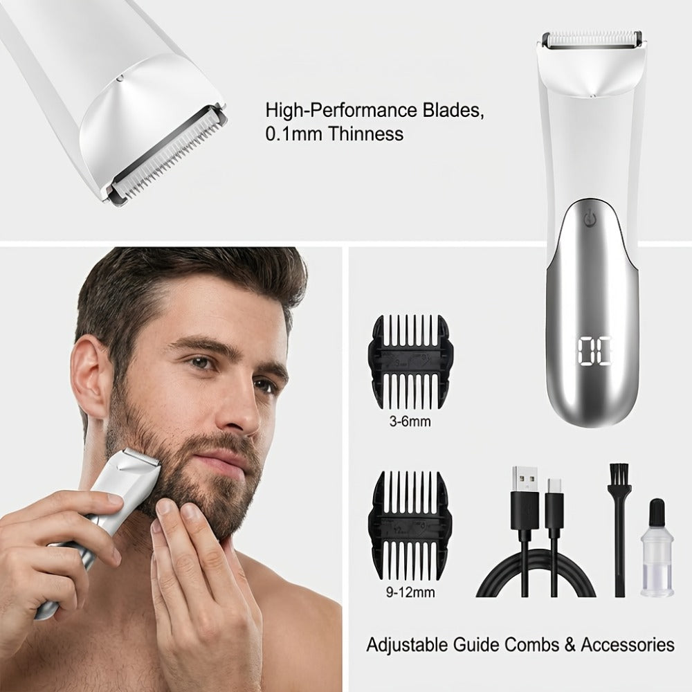 V-Shaped Ceramic-Blade Body Hair Trimmer with LCD Display, USB Cable, Guide Combs and Six Finish Options — image 10
