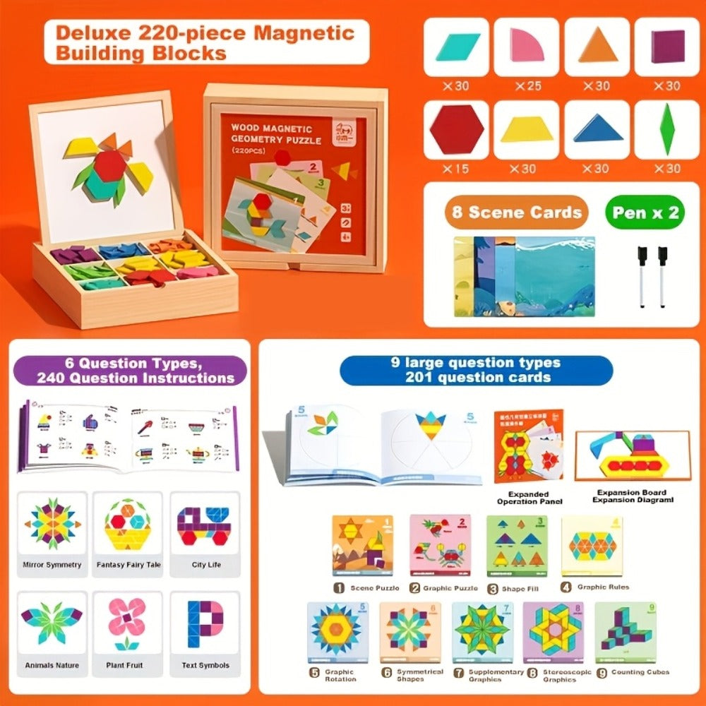 Magnetic Wooden Puzzle Board for Kids, 128/180/220/280 PCS Geometric Shape Recognition & Logical Thinking Toy — image 5