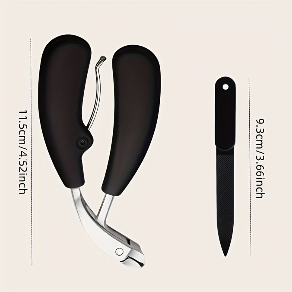 Wide-Jaw Nail Clipper and File Set, Two-Piece Black-Handle Kit with Curved Concave Edge and Stainless-Steel-Labeled Component