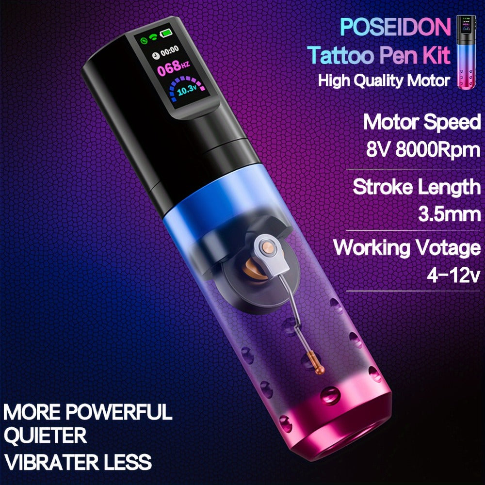 POSEIDON BT02 Tattoo Kit with Wireless Color-Screen Rotary Pen, 20 Cartridges, 11 Inks and Carry Case — image 2