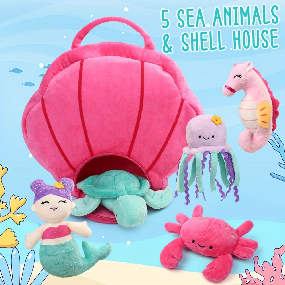 Plush Toy Five-Piece Ocean Creature Set with Mermaid, Sea Animals and Pink Shell Carry Bag — image 2