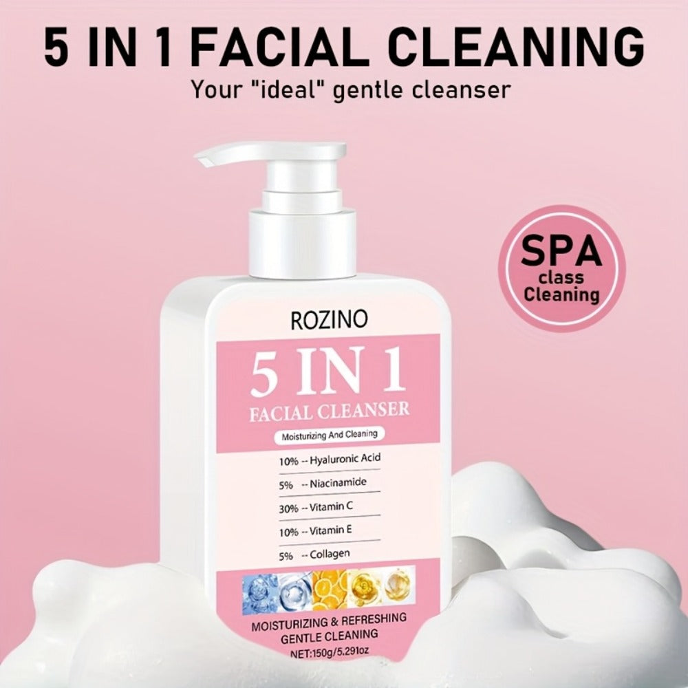 Brightening Face Wash 5-in-1 with Hyaluronic Acid Niacinamide Vitamin C Vitamin E & Collagen – Rich Foam Deep Cleansing Moist