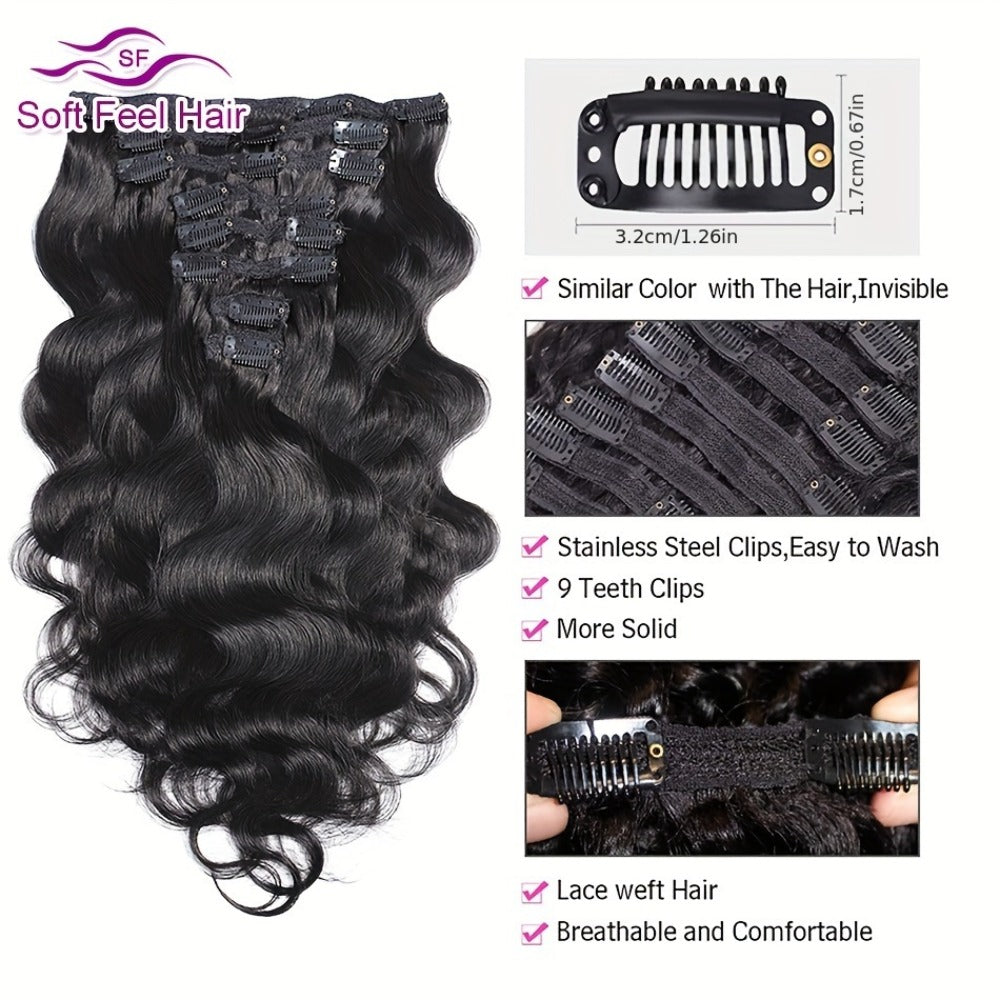 Clip In Human Hair Extensions Body Wave 8pcs 120g Full Head Real Human Hair Clip Ins Natural, for Home, Travel and Salon Hair