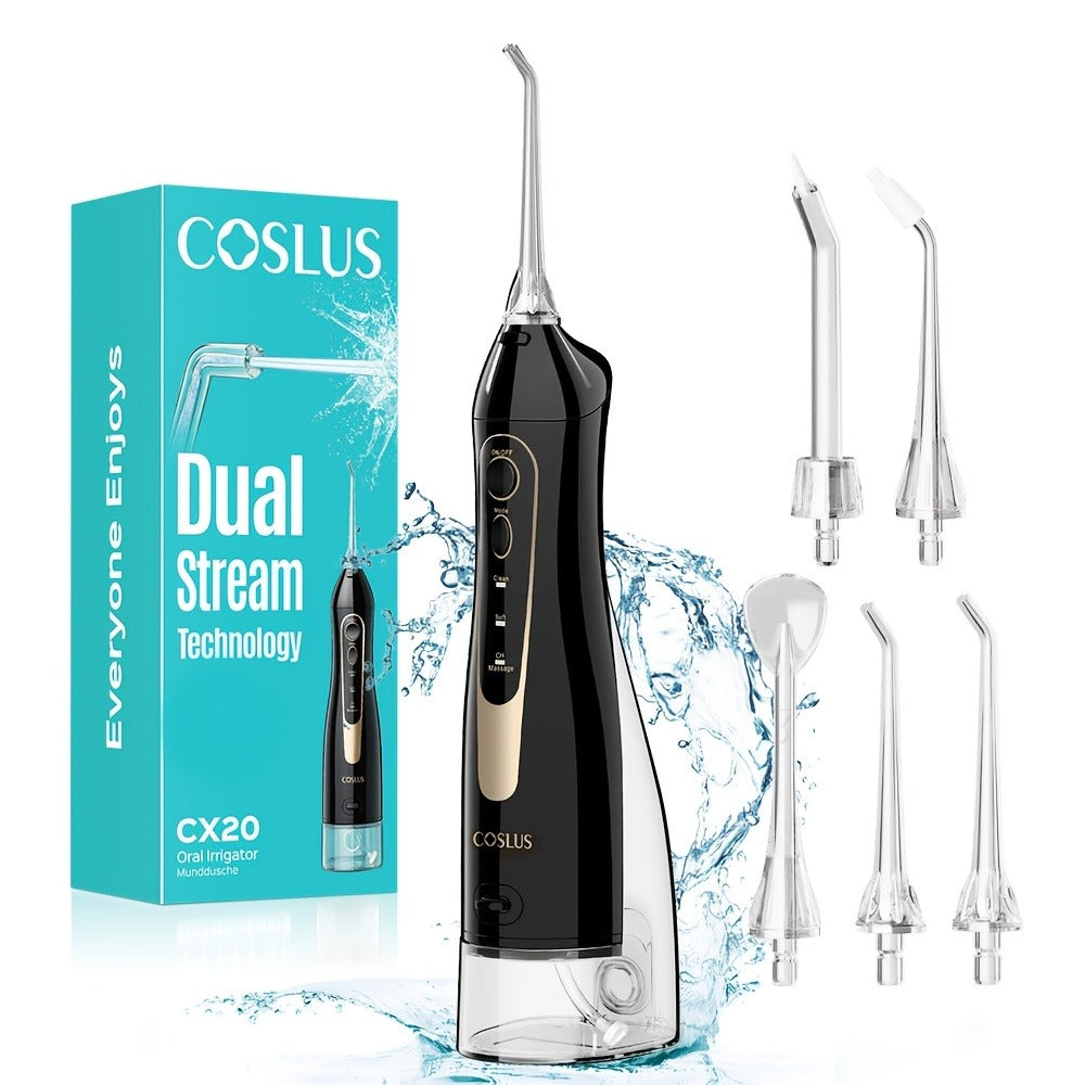 Water Flosser COSLUS CX20 Cordless Oral Irrigator with 300ml Detachable Tank, Five Tips, Rotating Nozzle and Gold Accents — i