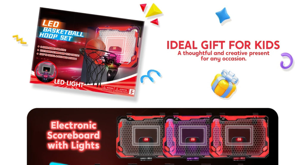Indoor Basketball Hoop for Kids Over the Door, Light Up LED Scoreboard 4 Balls Air Pump 3 Game Modes 7 Light Shows — image 15