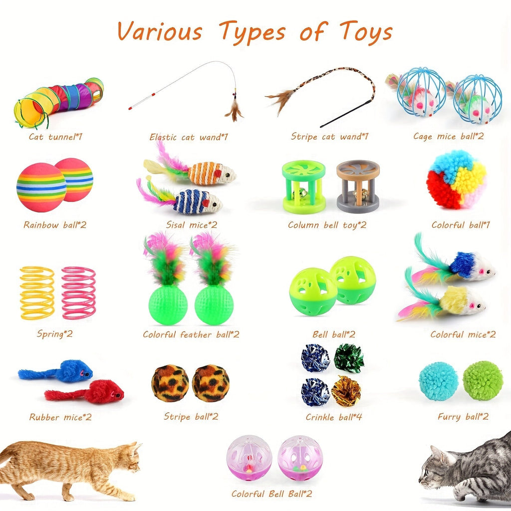 Cat Toy 32-Piece Assortment with Rainbow Tunnel, Feather Wand, Bell Balls, Mice and Crinkle Toys — image 2