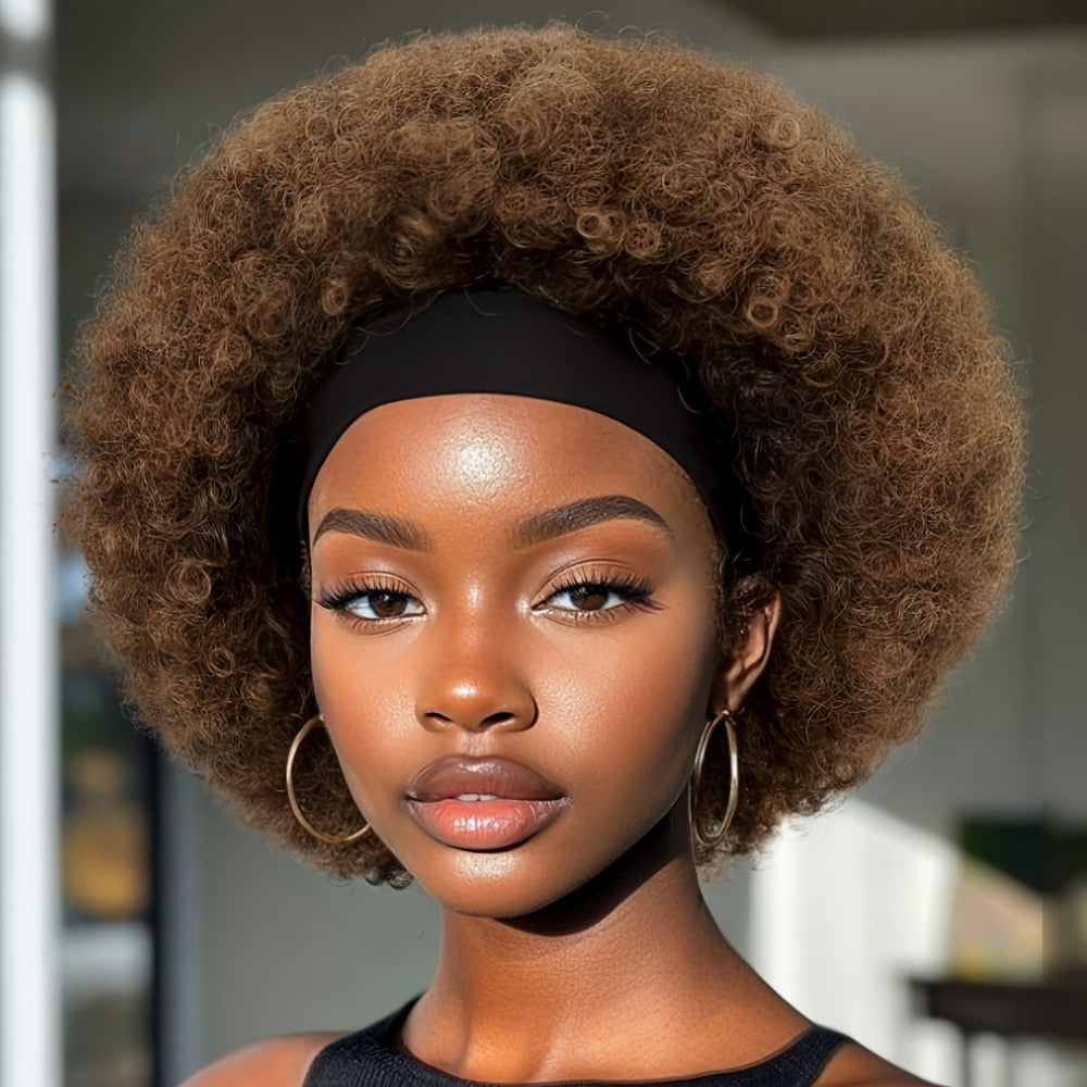 Afro Curly Headband Wig for Women Short Kinky Curly 180% Density – No Lace No Glue Synthetic Wig with Attached Headband, Heat