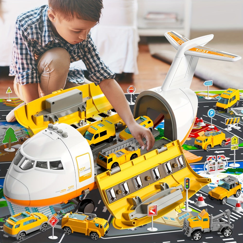 Jumbo Transport Airplane Toy for Kids with 10 Cars & Spray Mist, Cargo Plane Playset Toddler Boy Girl Birthday Gift Ages 3+ —