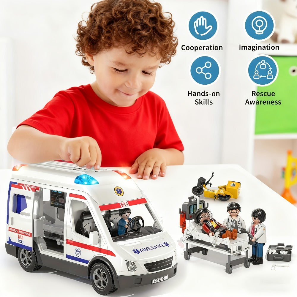 Ambulance Toy Playset for Kids Ages 3-8, Realistic Friction-Powered Emergency Vehicle with Flashing Lights & Siren Sound — im