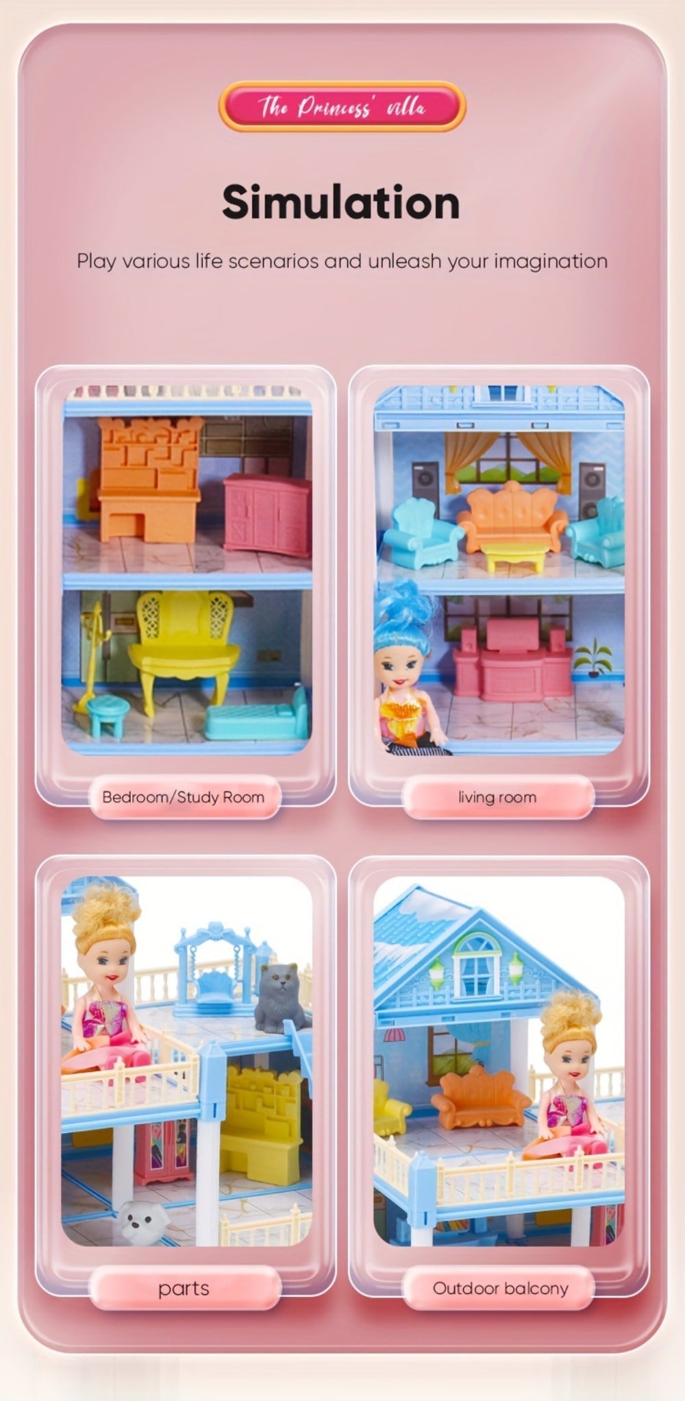 Princess Doll House Castle with Furniture & Accessories, Pink or Blue Mini Villa Playset 14 to 27 Rooms — image 18