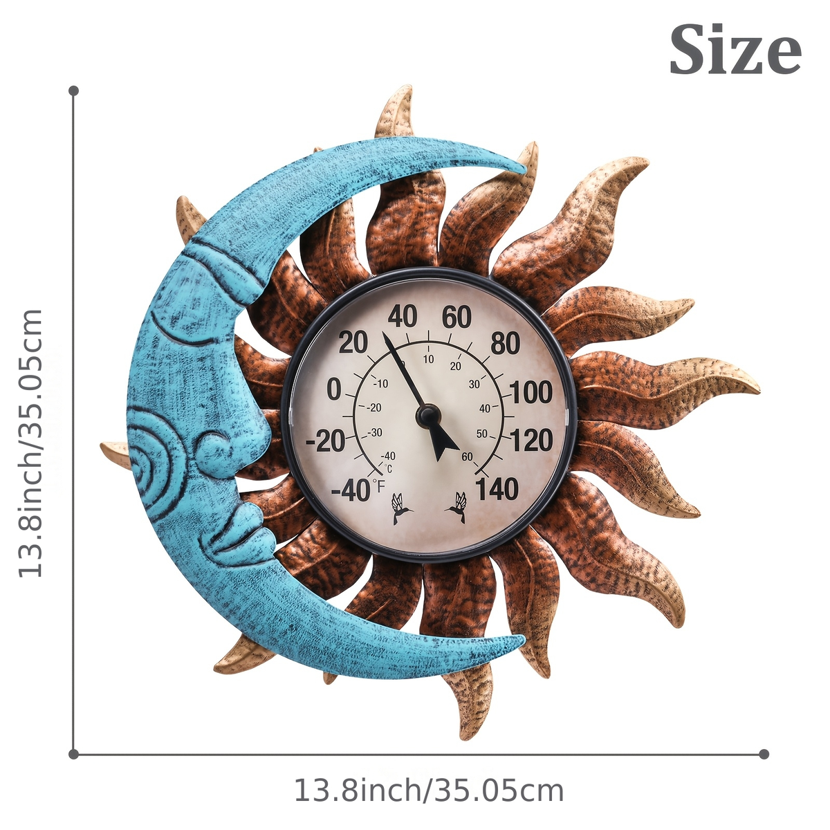 Outdoor Wall Thermometer with Sun & Moon Art – IPX4 Waterproof, Decorative Patio Garden Thermometer for Indoor Outdoor Use — 