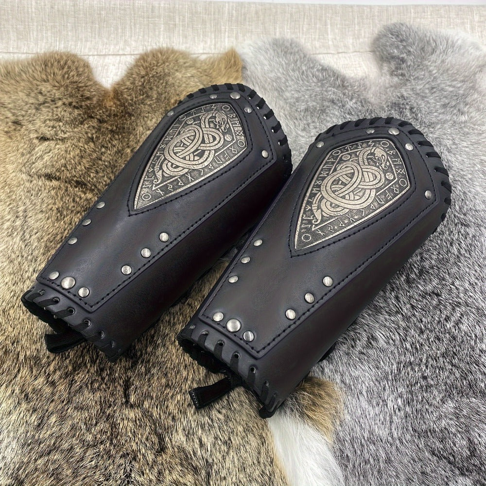 Viking Snake Wrist Guards 2-Pack Medieval Norse Leather Bracers, Nordic Retro Cosplay Props for Halloween LARP Renaissance Fa